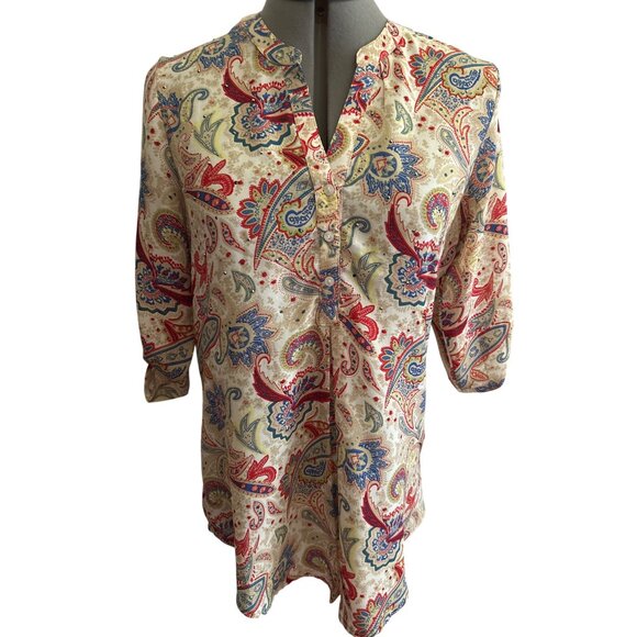 Antilia Femme Tan & Red Paisley Print Tunic/Top Size S Roll Tab Sleeves - Picture 1 of 10